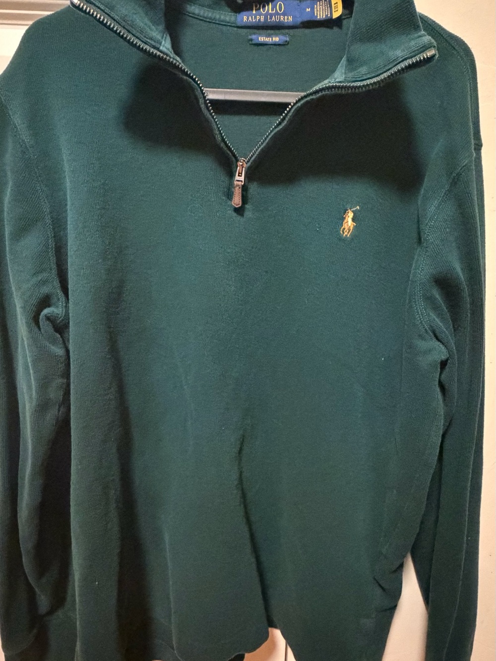 Ralph Lauren Men’s Dark Green Quarter-Zip Sweater with Gold Polo Logo